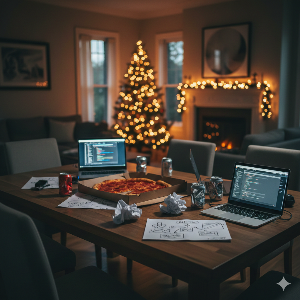 Weihnachts-Setup mit Laptops und Pizza